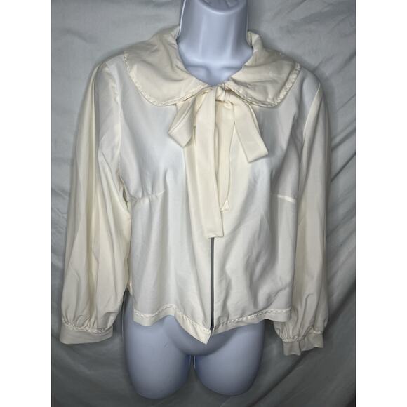 Bed Jacket White Bow Ties Nylon Bishop Sleeves Size Medium Vintage - Picture 1 of 6